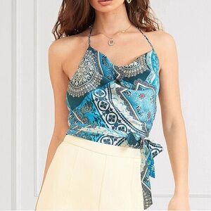 MARCIANO 100% Silk halter top tie-neck XS Grecian multi NWT